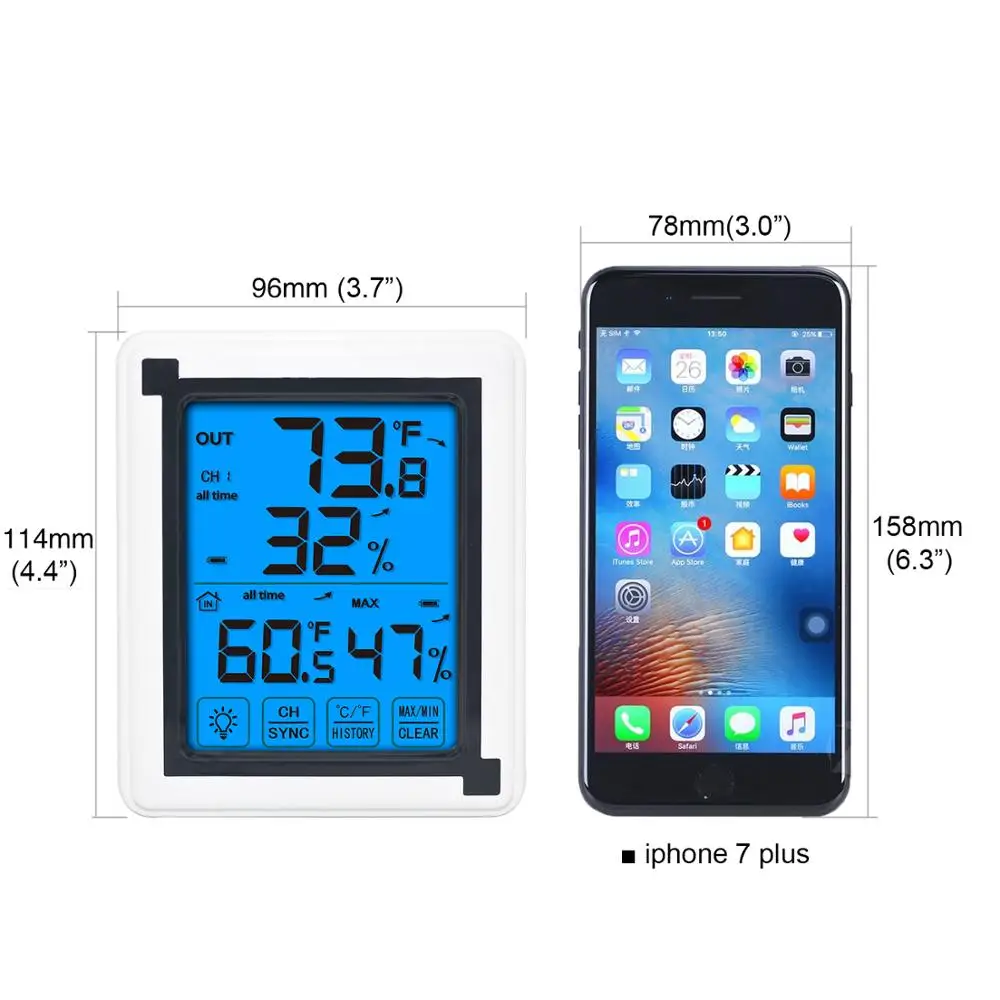 
2019 New Release Digital Touchscreen Indoor Outdoor Wireless Hygrometer Thermometer Humidity Monitor with Temperature Sensor 