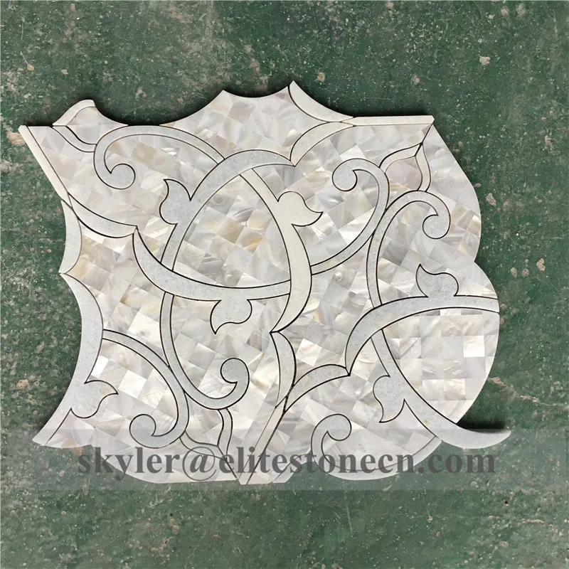 luxury mother pearl of shell and blue marble mixed waterjet mosaic tile