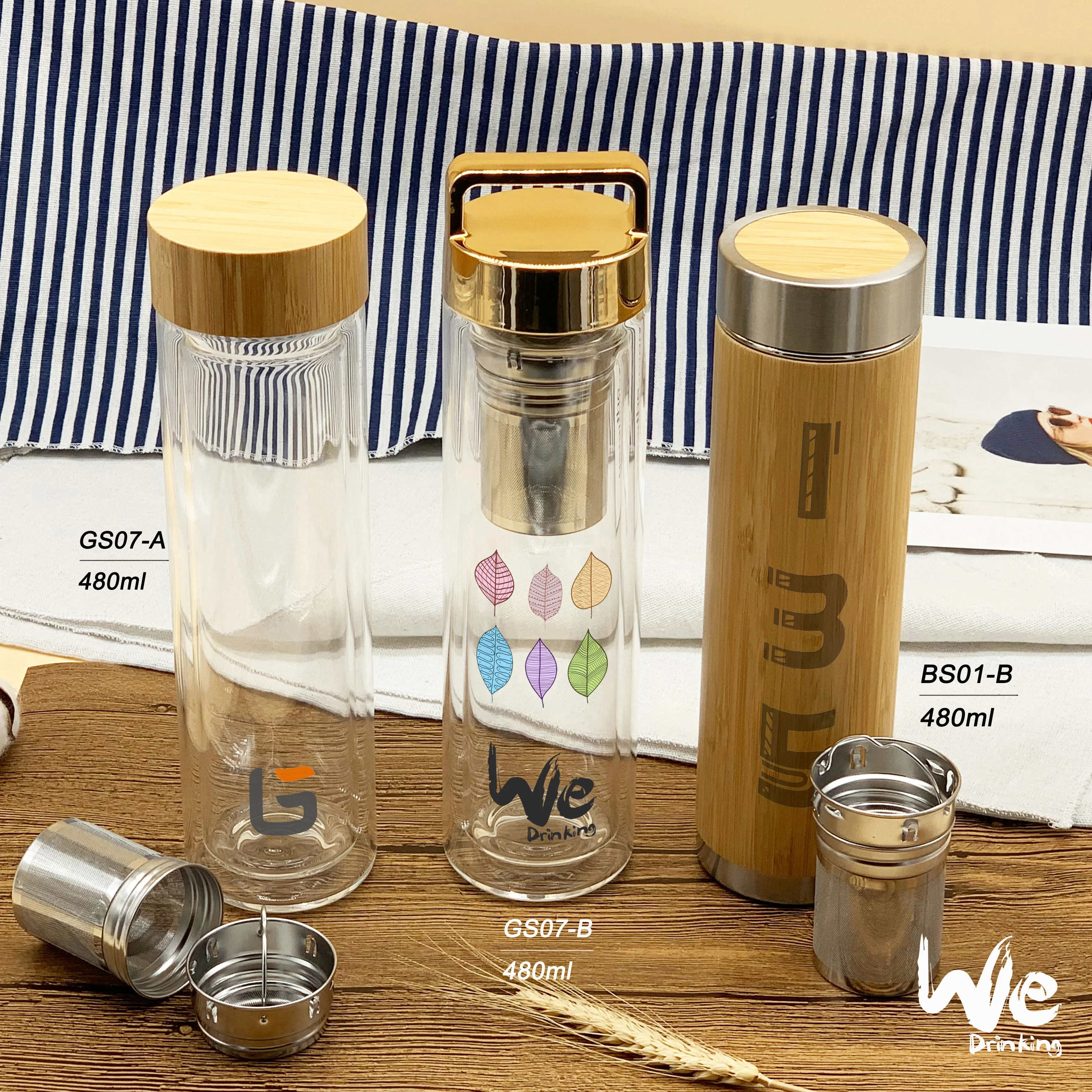 
BS01 480ml 17oz Premium Insulated Bamboo 2go Bottle with Tea Infuser and Strainer for Detox Tea On The Go and Fruit Infusion 