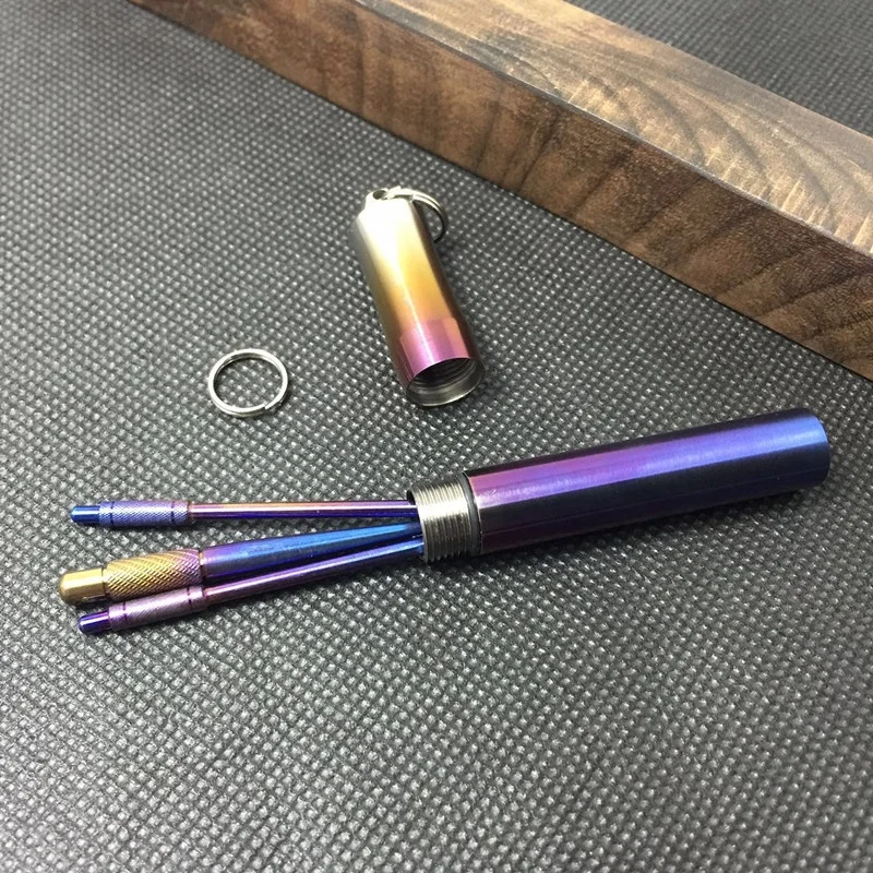 travel EDC tool Ti waterproof titanium toothpick holder capsule with keychain