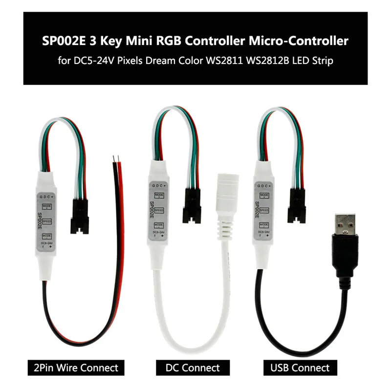 WS2811 WS2812B SK6812RGB(NOT RGBW) Addressable RGB LED Light Portable 3Keys Mini USB SP002E Controller 600 Pixels DC5V