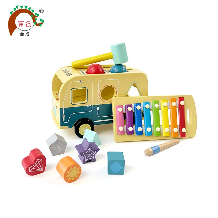 2019 New arrival children wooden toy school bus for preschool kids