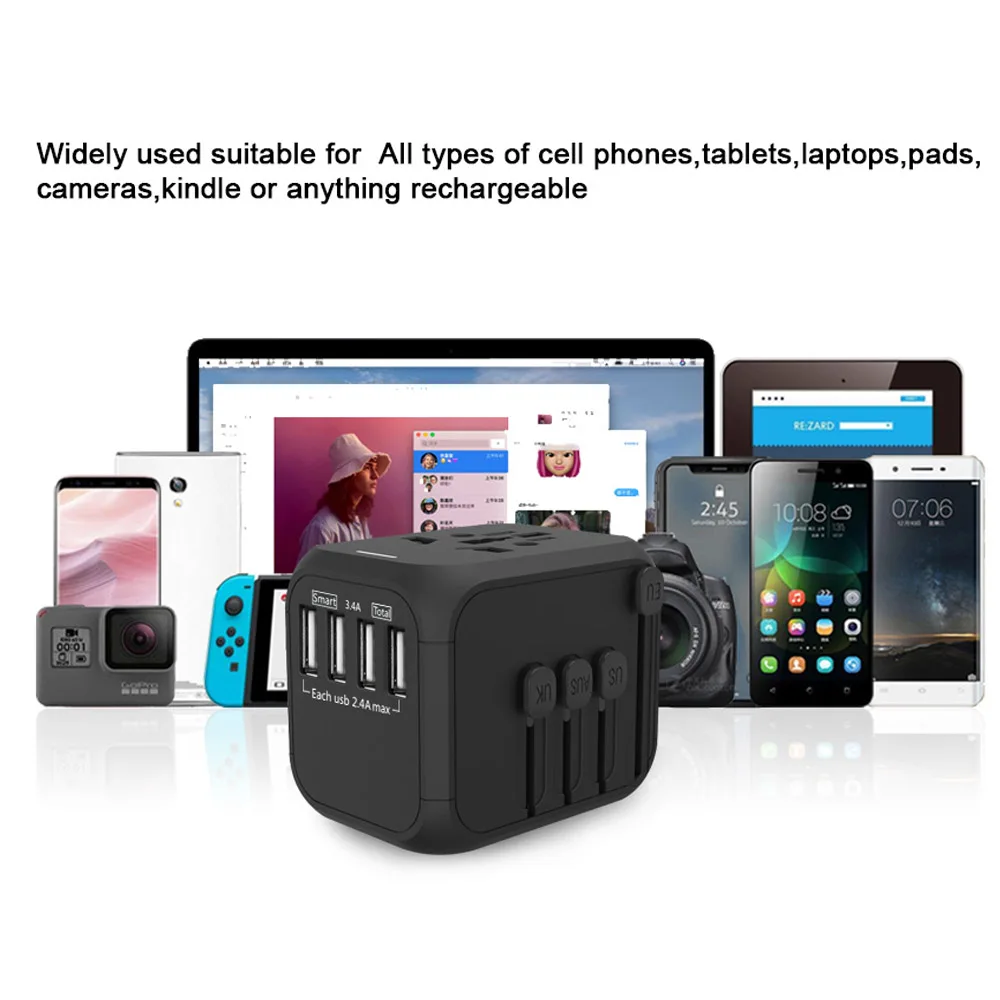 Most popular 4 USB 5V 3.4A smart output universal travel adapter with EU/AUS/UK/US all in one plug