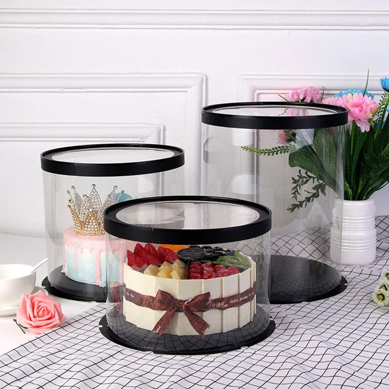 Doll Dust proof Flower Storage Transparent Black PET Plastic Round Tall Decorative Storage Cake Box