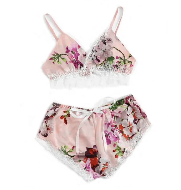 ladies floral pattern satin pajamas set with lace edge sexy sleepwear