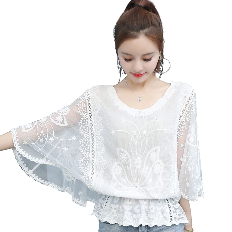 top selling elegant fashion big size sexy see through summer lace top shirts blouses for women