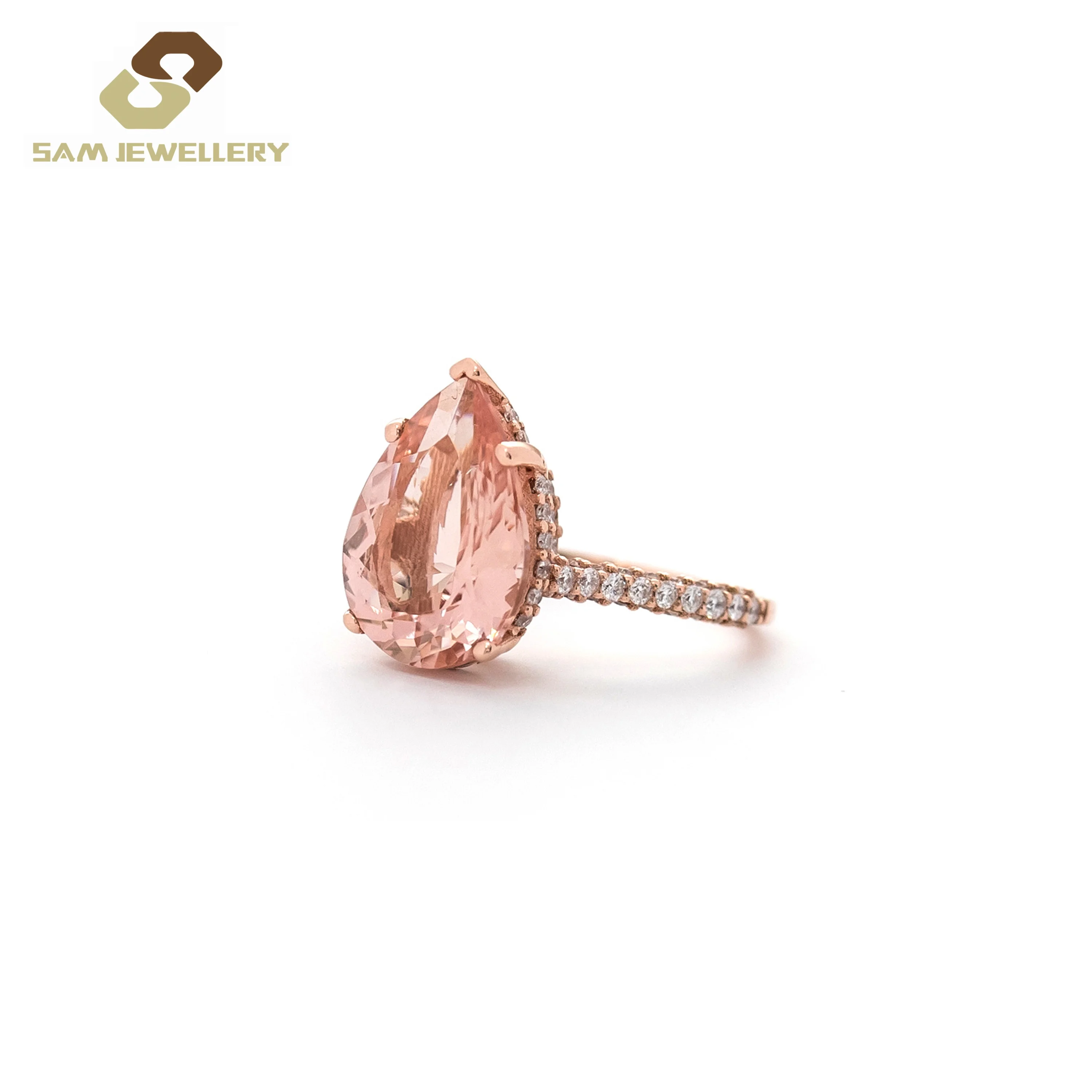 Bijoux Sterling 925 Silver Rose Gold Plate Prong Setting Pear Shape Synthetic Morganite Stone Bridal Ring Jewelry