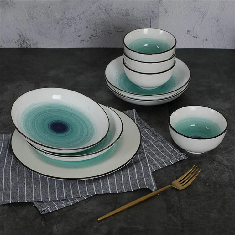 Speckled dinnerware cheap green sprial printed inside bowl stoneware dinner set for hotel