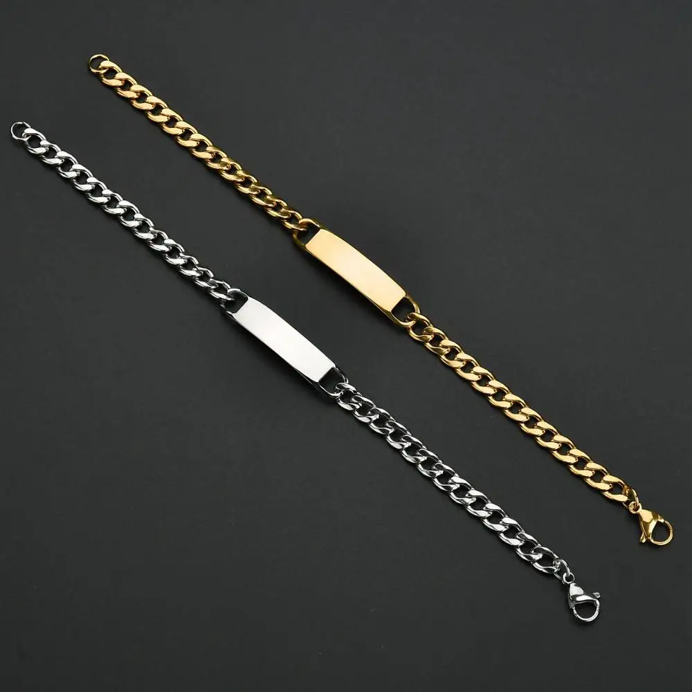 Custom name engraved stainless steel bracelet cuba chain 18k gold plated metal plate bracelet gold bar bracelet