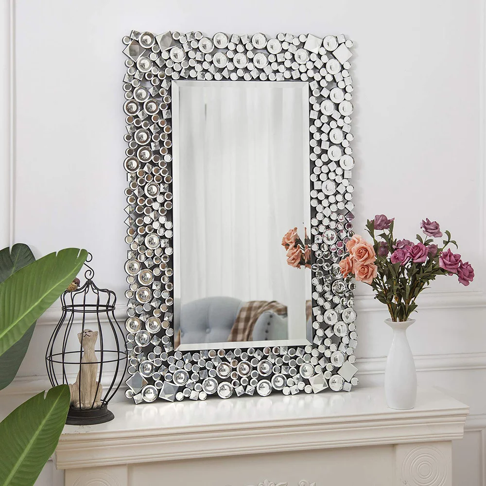 Large Crystal Jewel Mosaic Framed Rectangle Wall Mounted Mirrors  Hung for Living Room Bedroom