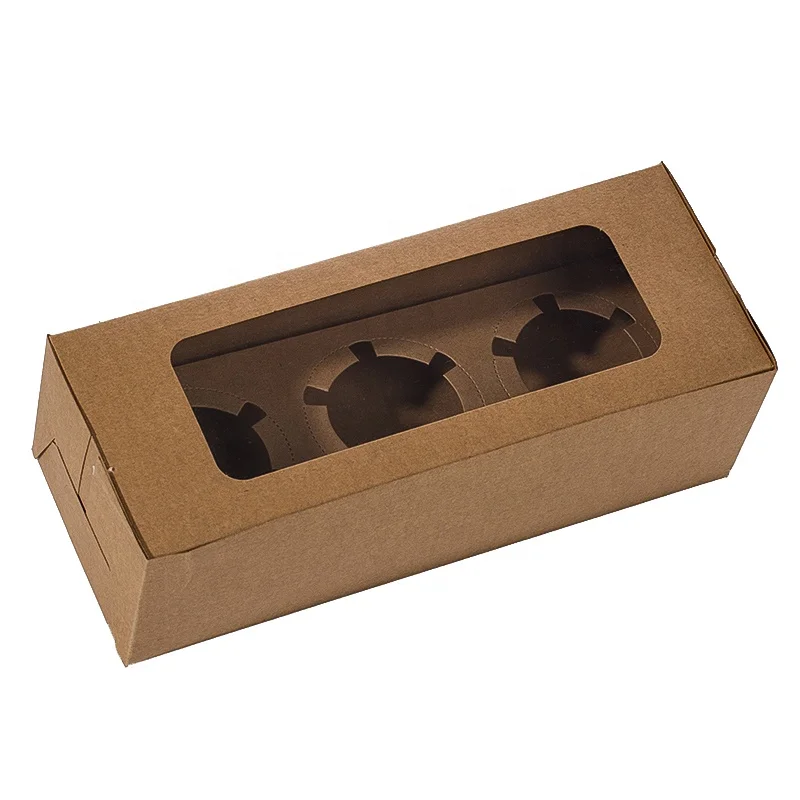 Kraft Paper 3 cavity Cupcake Boxes With clear window