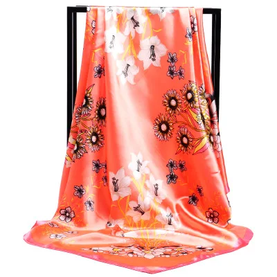 Newest 90*90cm Gerbera jamesonli Floral square large100% Polyester cheap satin scarf for women stylish
