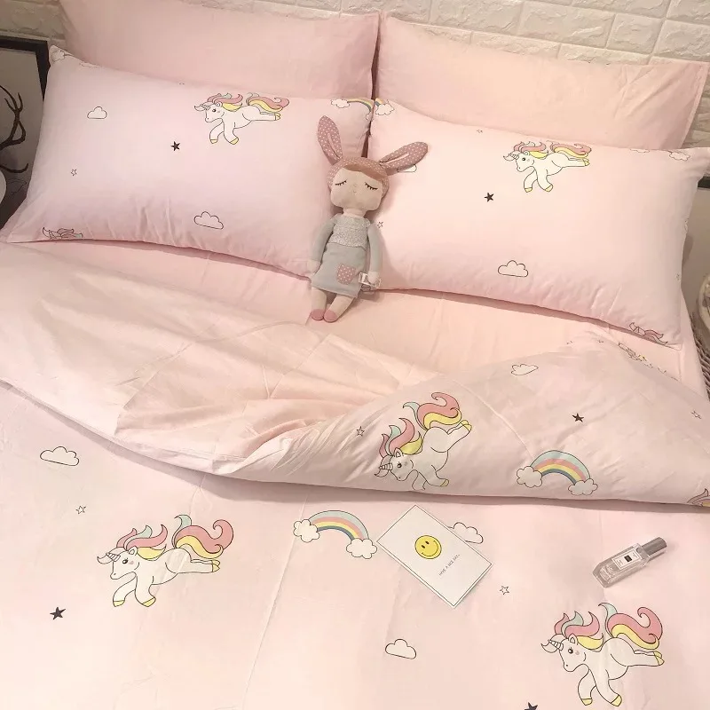 
High quality comfortable reactive printing 100% cotton 4pcs bedding set pink twin unicorn printed kids bed sheet set 