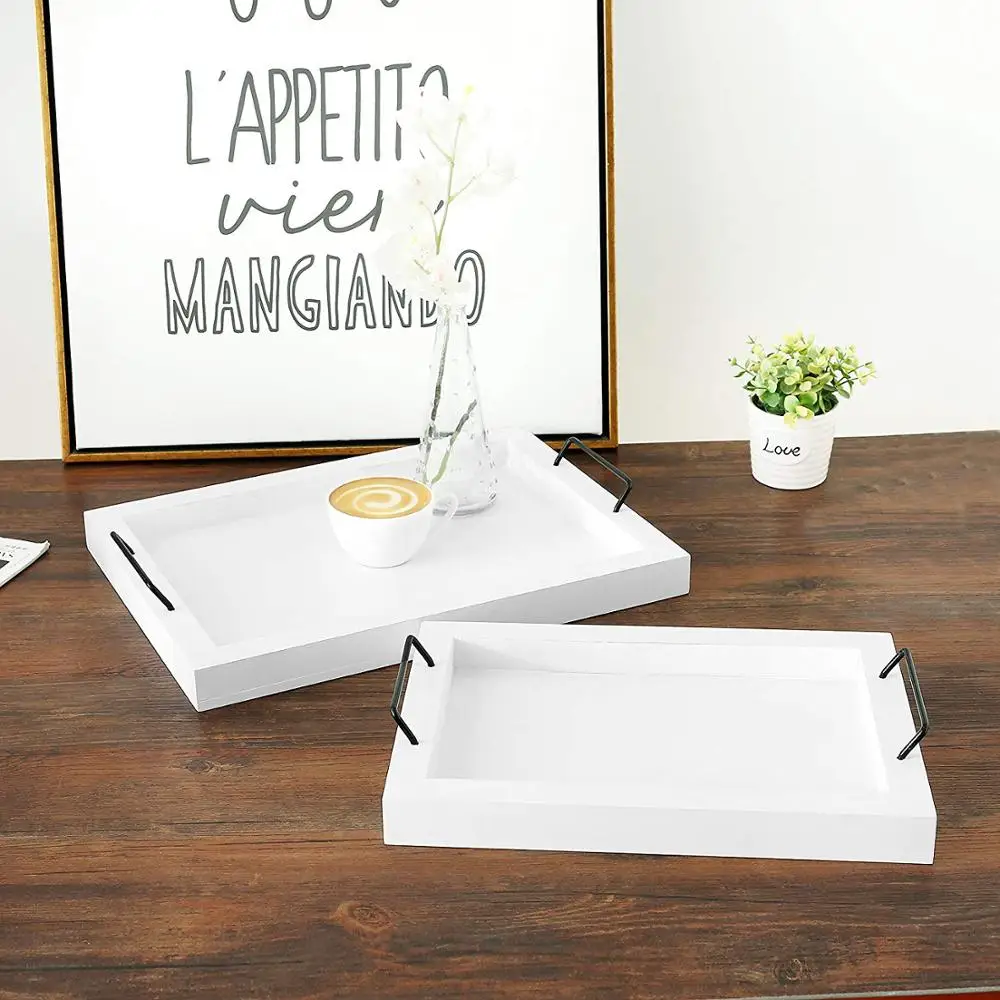 Set of 2 Country Rustic Vintage White Decorative   Wood Rectangular Nesting Serving Trays With Metal   Handles