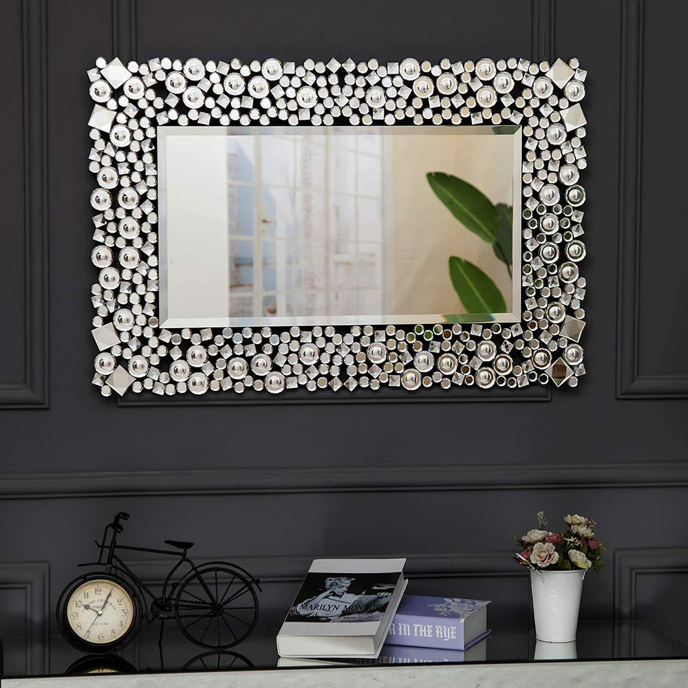 Large Crystal Jewel Mosaic Framed Rectangle Wall Mounted Mirrors  Hung for Living Room Bedroom
