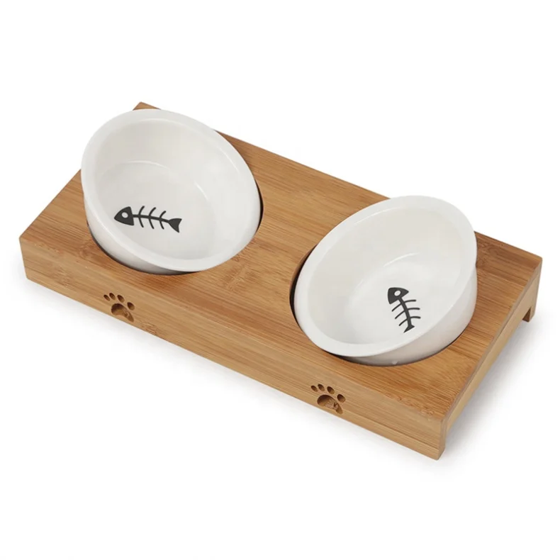 Ceramic Bowl Small Pet Dog Bamboo Wooden Bowl Elevated Stand Feeder Dining Table with White Double Cat Bowls
