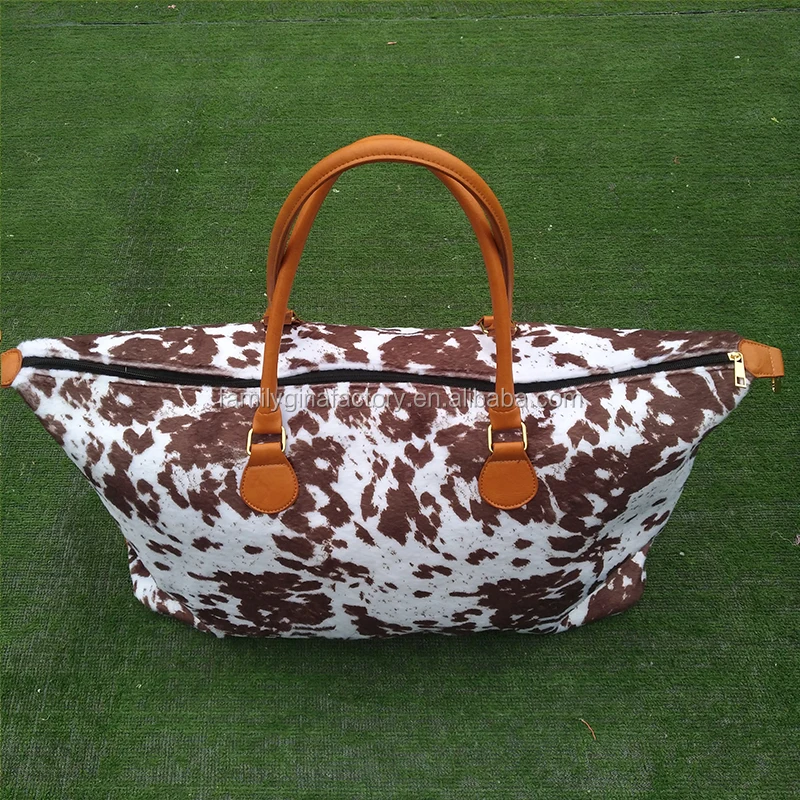 
Hot Sale Monogrammed Faux Fur Black Cowhide Cow Print Travel Weekender Bag 