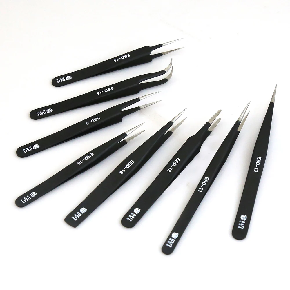 Hand Tool Pincers Set Electronics Forceps Tweezers Set Anti-static Stainless Steel Curved Straight Antistatic Painting Treatment