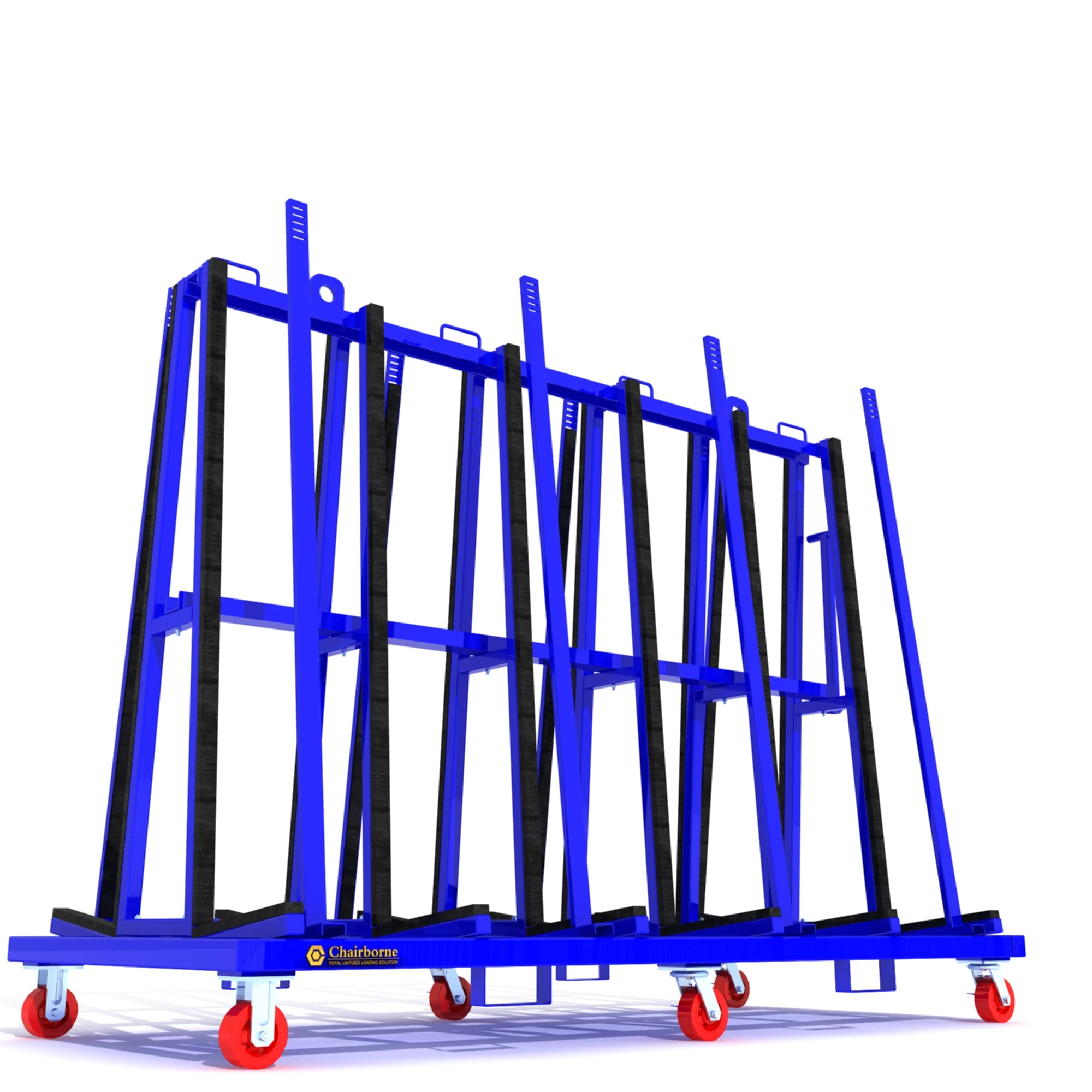 Pyramids on wheels and trolley for transporting and storing glass from a Chinese supplier