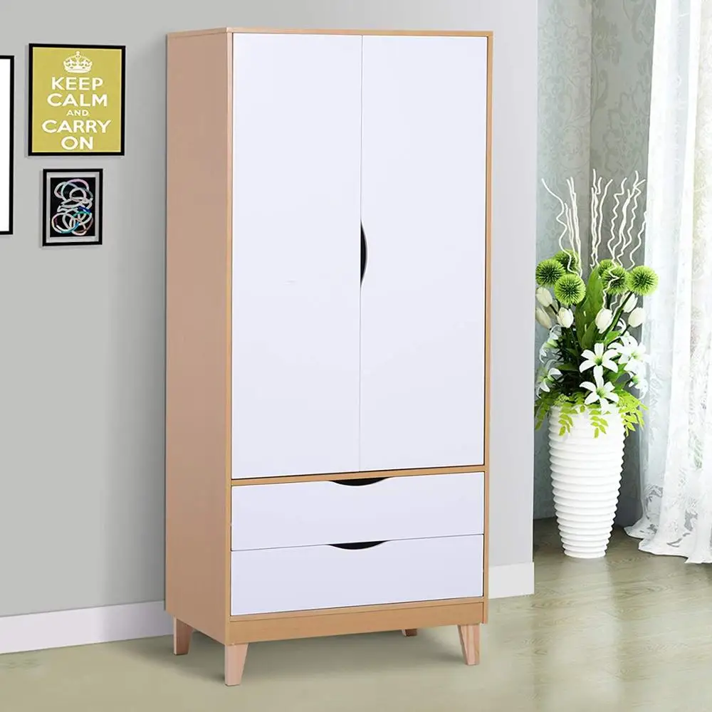 Wooden Wardrobe Clothes Storage Bedroom Organisationr Double Door with 2 Drawers