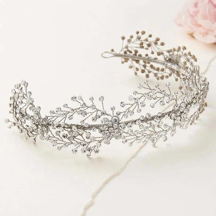 Elegant new silver plated rhinestone crystal headband handmade bridal wedding tiara brass wire hair accessories women