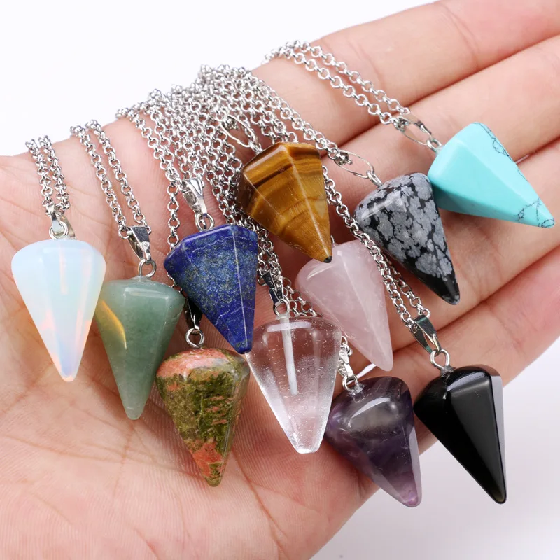 Women Necklaces Stone Pendant gemstone necklace jewelry Crystal Reiki Hexagonal Cone Pendulum necklaces for women 21Colors