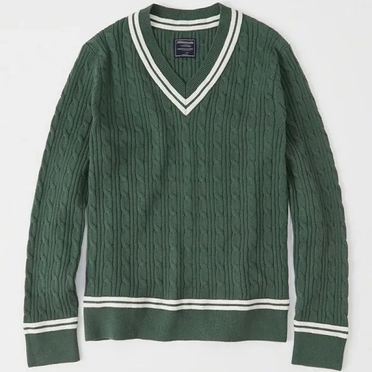 
Popular Custom Wool Knit Mens V Neck Cable Knit Cricket Sweater 