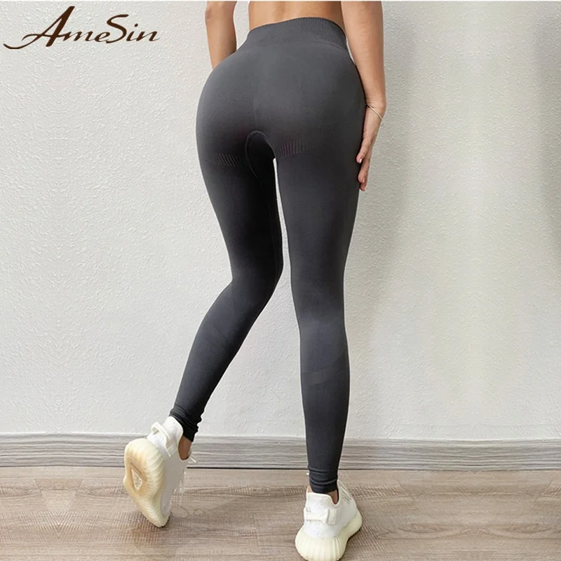 AmeSin Stretchy Gym Tights Tummy Sexy Seamless Leggings Scrunch Booty Push Up Fitness Running Butt Lift Gym Leggings For Women