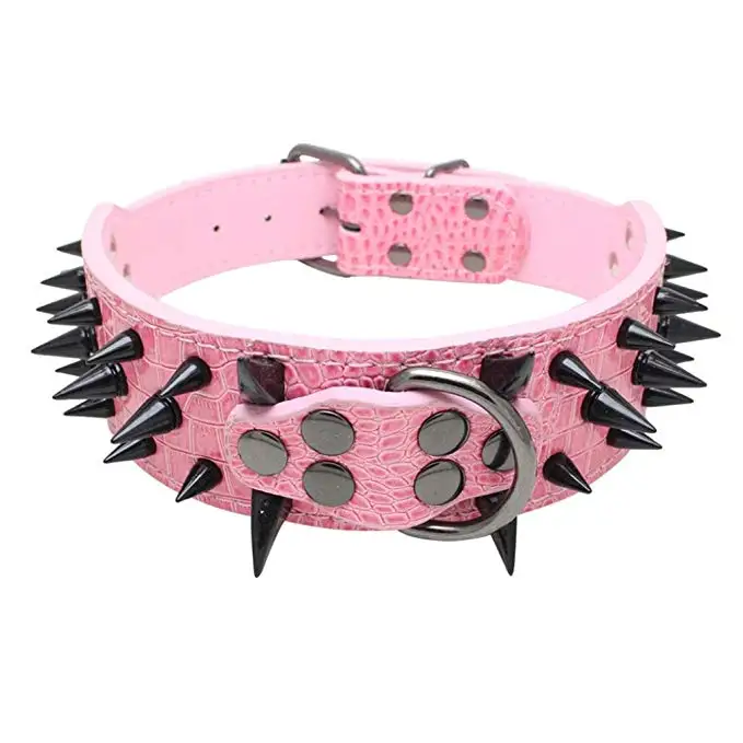 luxury Custom Sharp Spiked Studded Leather Dog Collar Adjustable Durable Pet Training Collars For Large Dog