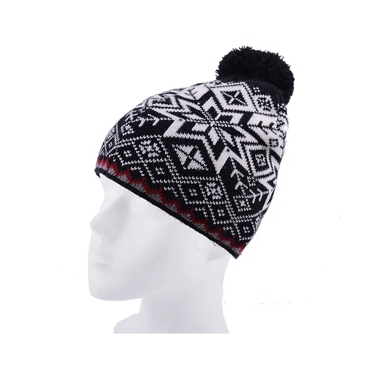 High quality jacquard acrylic knitted winter hat with pompom