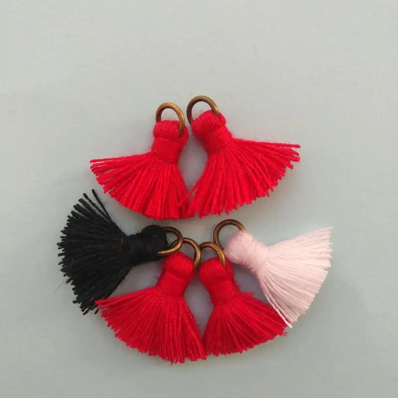 NANA high quality more than 700 colors 1.5cm mini cotton tassels with bronze ring for jewelry , tassel cotton