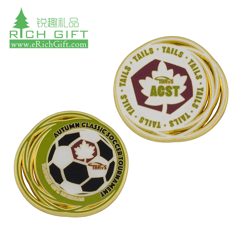 Free sample custom metal zinc alloy printing epoxy insert football/soccer challenge coin for sports tournament