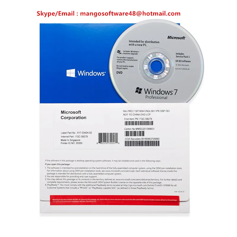 
English French Italian Language Microsoft Windows 7 Pro SP1 32bit 64bit OEM box Win 7 Professional 