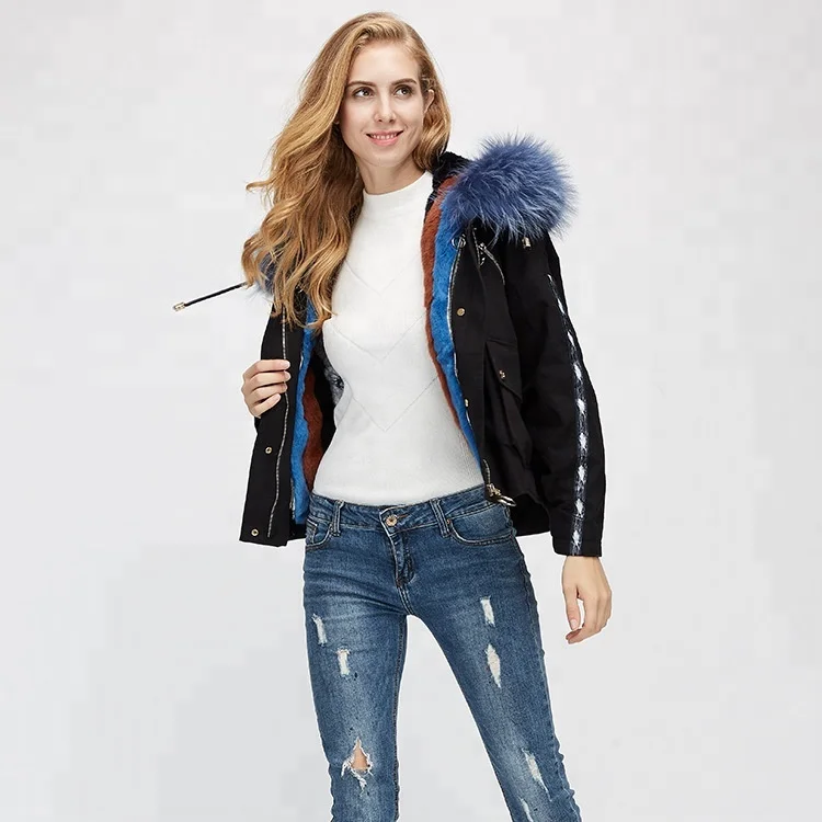 Factory Price Women Raccoon Collar Coat with Rabbit Fur and Goose Down Lining Black Short Parka Jacket