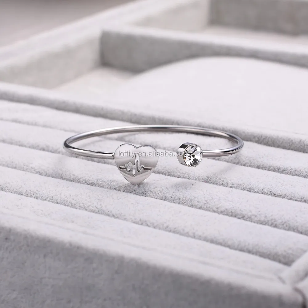 Loftily Jewelry Premium Stainless Steel Heart Diamond Cuff Bracelets Bangle for Women Fashion Bangle
