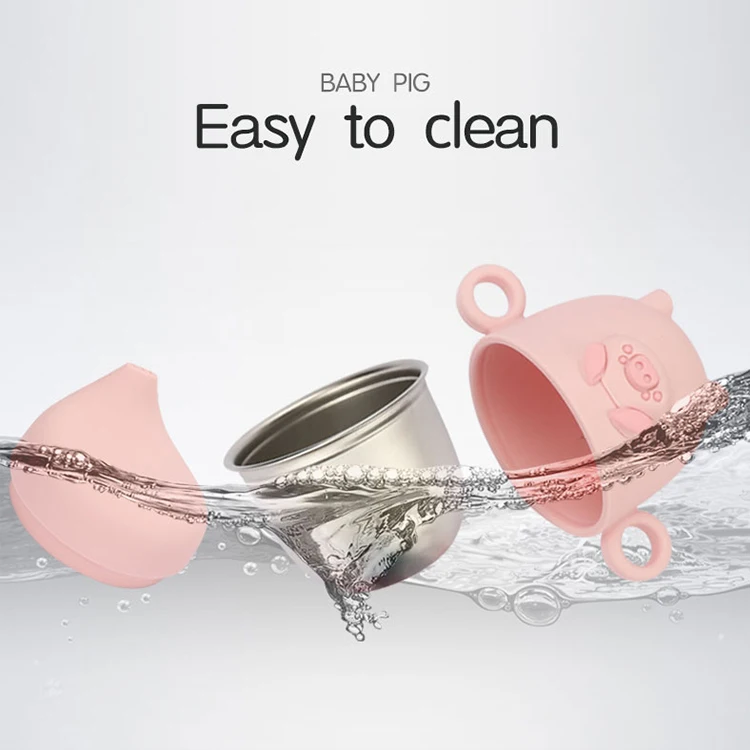 Children tableware cartoon mouth cup baby pig silicone 304 stainless steel Korean water cup with handle lid