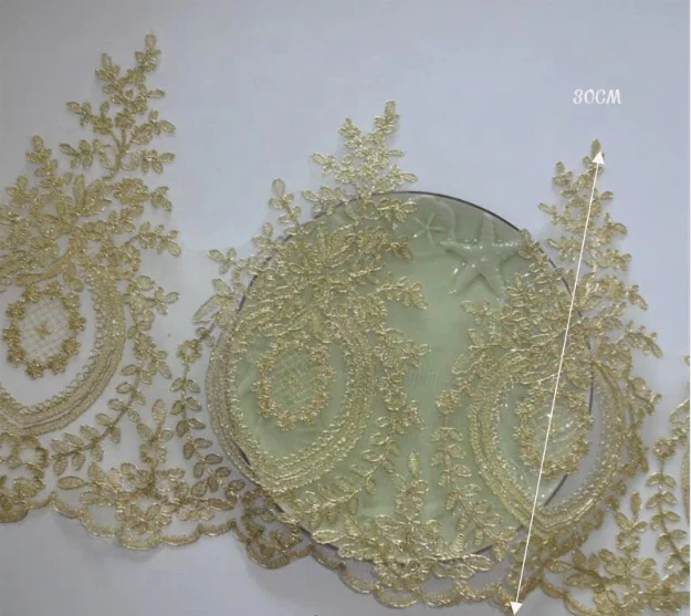 Hot Sale Light Gold Mesh Lace Trim Luxury Embroidery Light Gold Fabric for Wedding Dresses 30cm