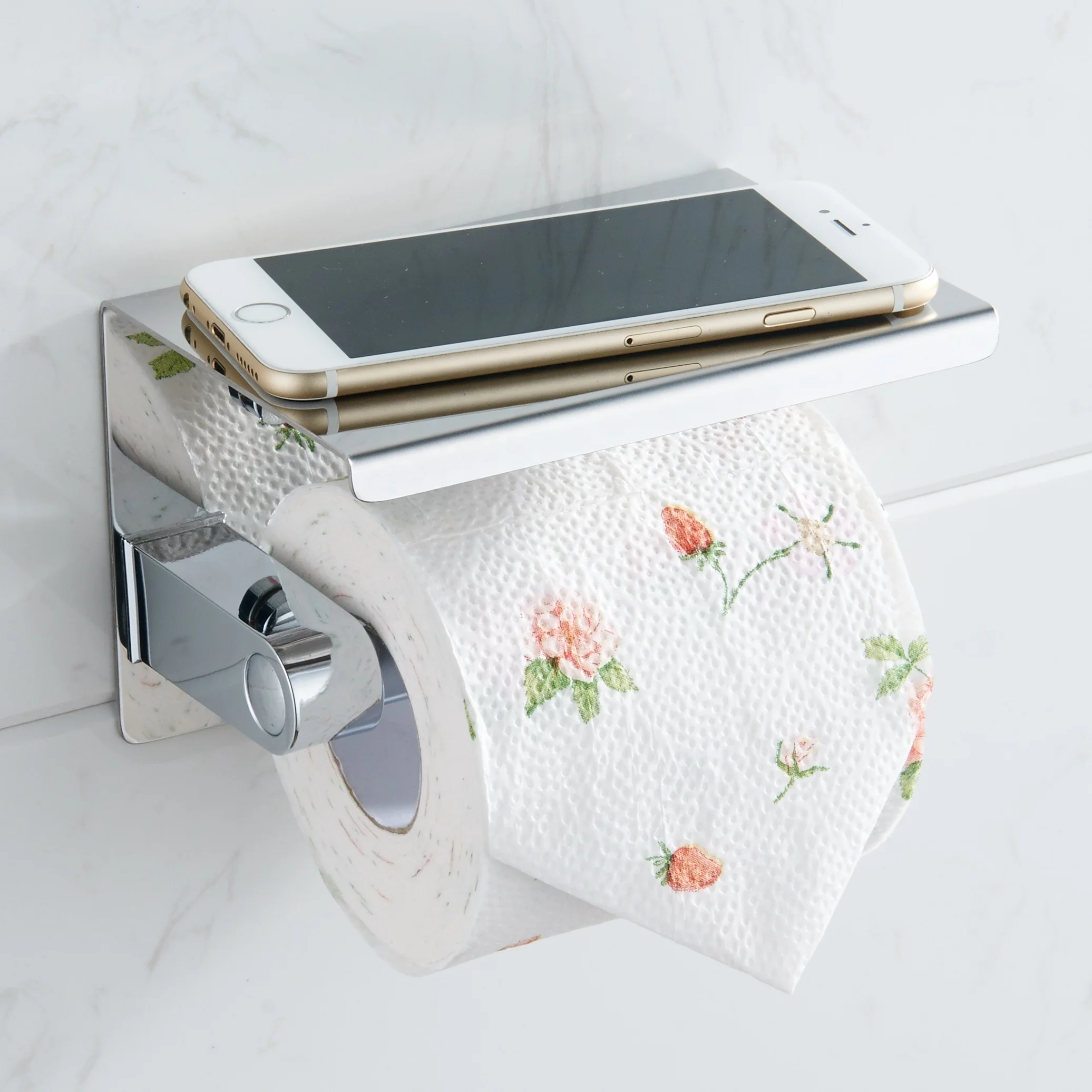 Chrome Stainless Steel Tissue Roll Toilet Paper Holder with Mobile Phone Storage Shelf