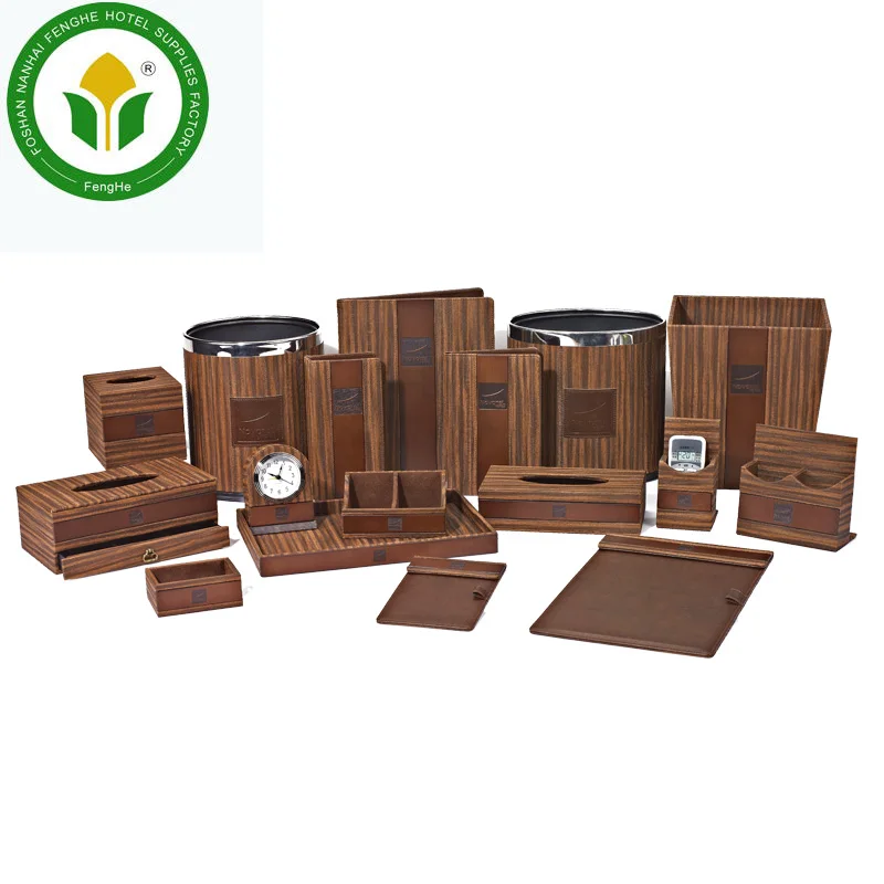 Hot sale hotel dark brown leather amenity set hotel accessories