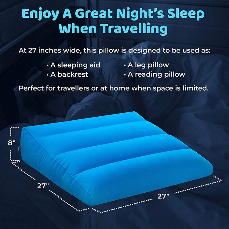 Inflatable Portable Bed Wedge Pillow with Velour Surface for Sleeping, Trip Vacation, Horizontal Indentation Prevent Sliding