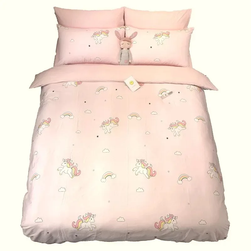 
High quality comfortable reactive printing 100% cotton 4pcs bedding set pink twin unicorn printed kids bed sheet set 