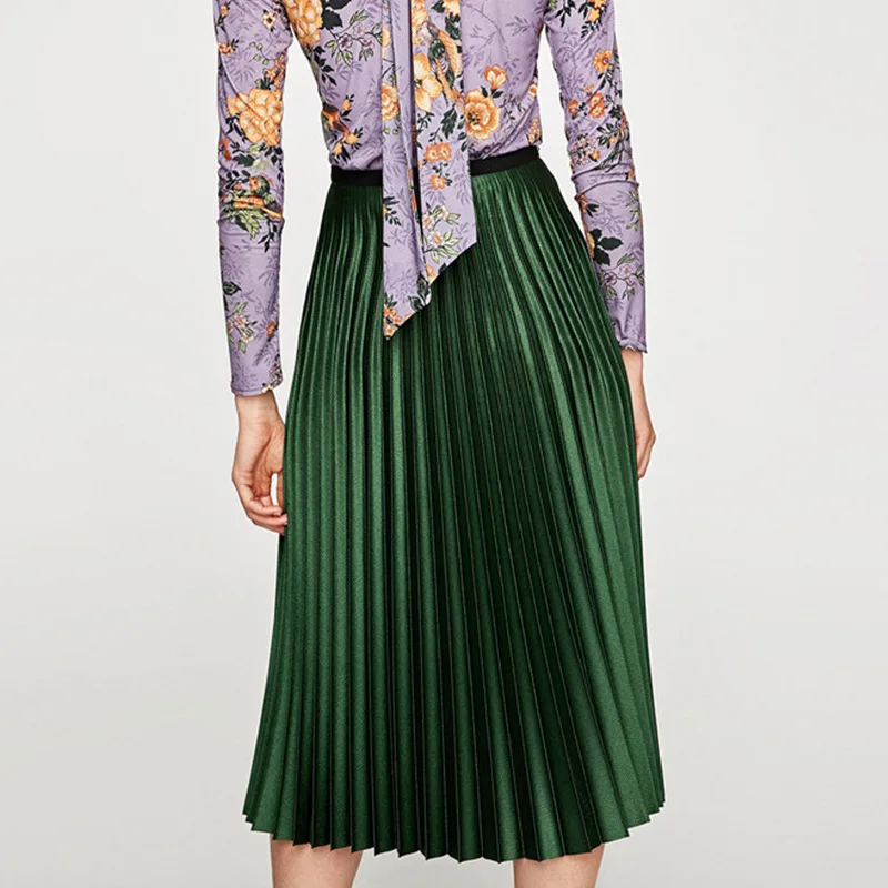 Modern Design High Waisted Green Plain Color Mid--calf Length Pleated Skirt