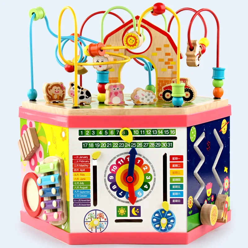 wholesale Hexagon shape wooden bead maze shape block with gear paly game activity toys 7 in1 educational toys WTB22