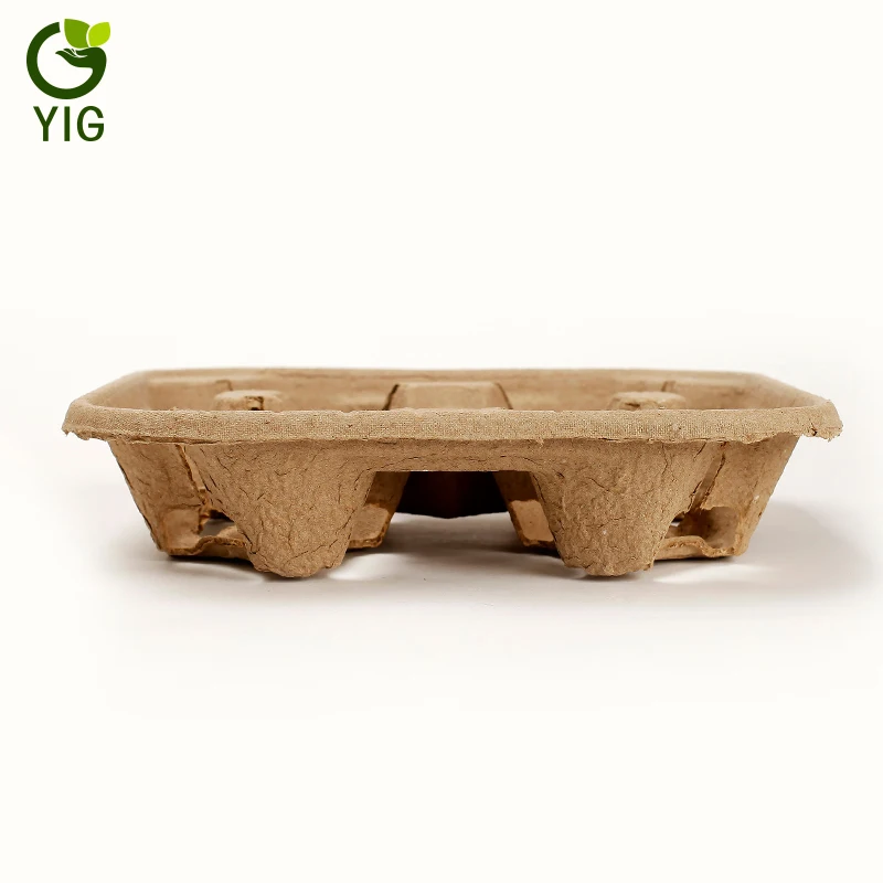 Four Cup Dry pressing molded pulp inner packaging paper carry coffee cup tray