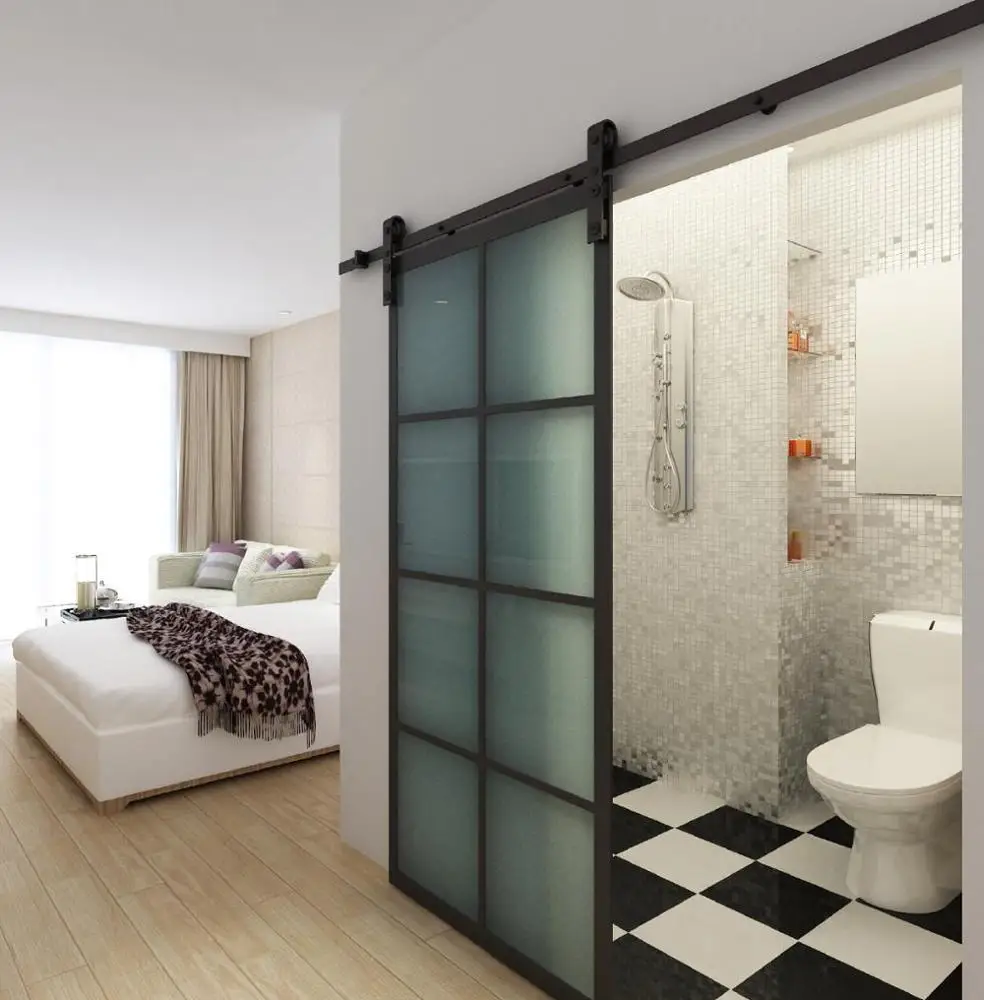 New Design French Style 8FT Double-sided  Black Aluminum  Sliding Glass Frame barn door  with Soft Close