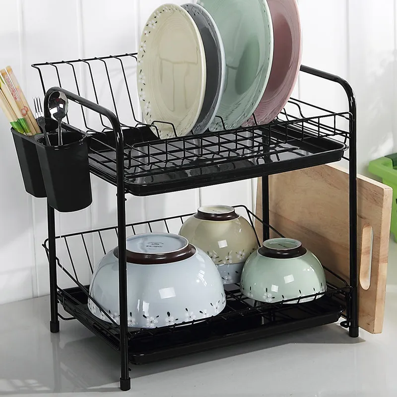 Dish Rack Set 2-Tier Chrome Kitchen Organizer Tools Plate Spoon Storage Frame Steel Drain Bowl Rack Kitchen Dish Shelf