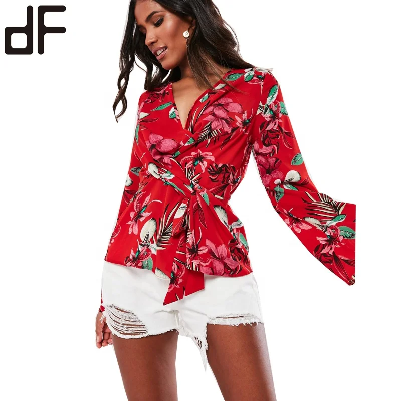 Custom Long Sleeve Blouse For Women Casual Fashion Office Ladies Wear Blouse V Neck Modern Red Floral Blouse
