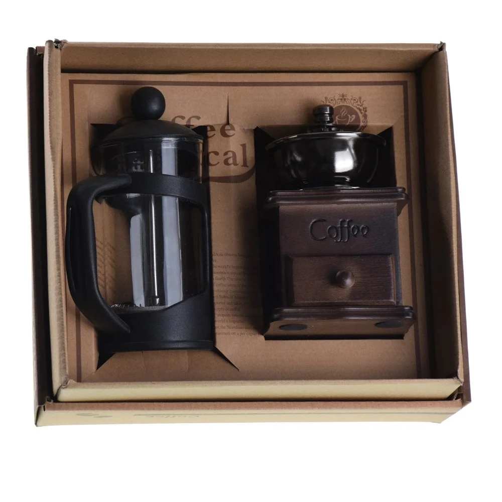 T1000 Kitchen Accessories Wholesale Amazon Coffee Accessories Gift Box Wood Coffee Grinder+ 350ml Glass French Press
