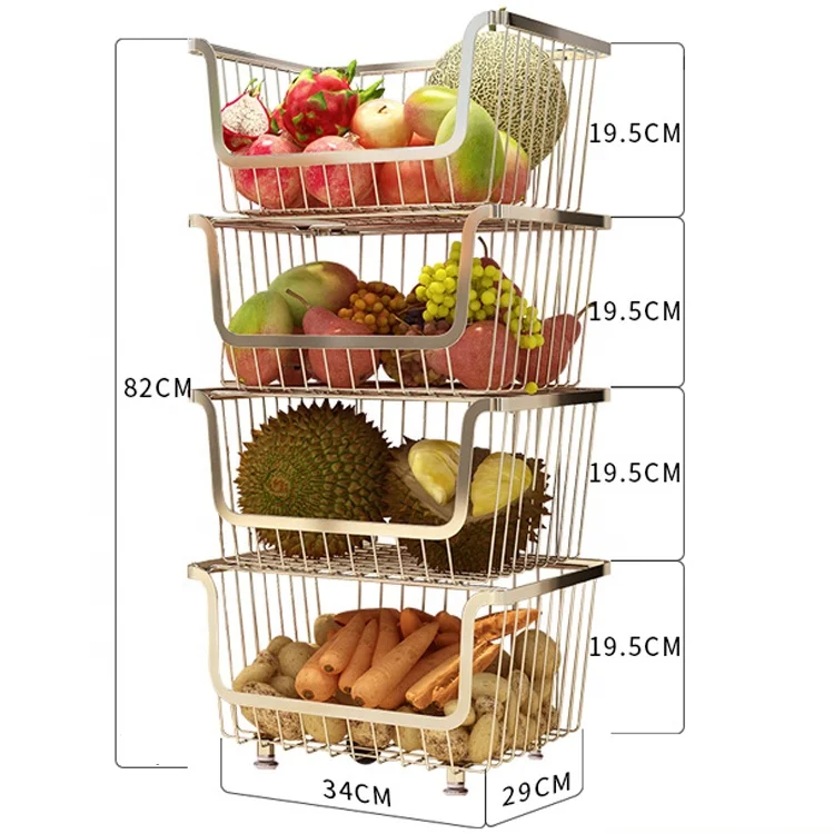 304 Stainless Steel 4-Tiers Metal Fruit Basket Kitchen Storage Fruit and Vegetable Holder