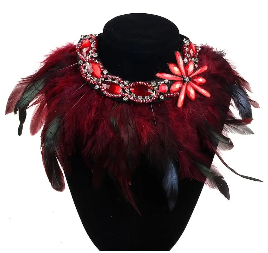 WIIPU Fashion Feather Ribbon Rhinestone Flower Pendant Necklace Women Crystal Choker Statement Necklace